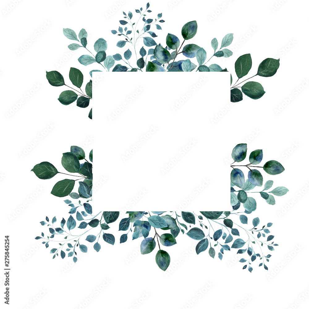 Square green watercolor frame with twigs and leaves on white background ...