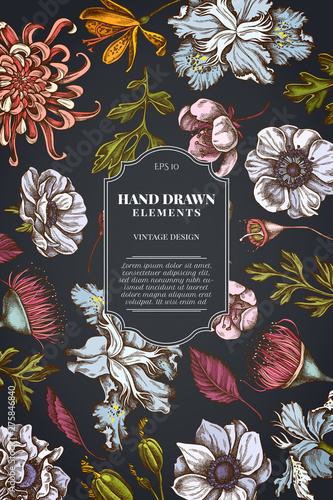 Card design on dark background with japanese chrysanthemum, blackberry lily, eucalyptus flower, anemone, iris japonica, sakura