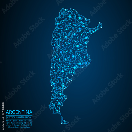 A map of Argentina consisting of 3D triangles, lines, points, and connections. Vector illustration of the EPS 10.
