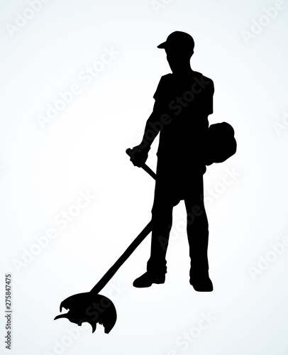 The man mows the grass. Vector drawing