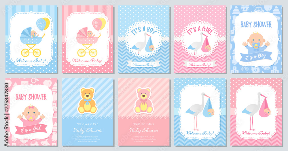 Baby Shower card. Vector. Invitation with baby boy, girl. Template invite banner. Cute blue pink pastel design. Birth party background. Greeting holiday poster. Cartoon flat illustration. Baby Shower card. Vector. Invitation with baby boy, girl. Template invite banner. Cute blue pink pastel design. Birth party background. Greeting holiday poster. Cartoon flat illustration.