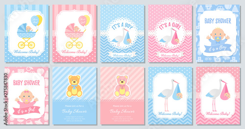 Baby Shower card. Vector. Invitation with baby boy, girl. Template invite banner. Cute blue pink pastel design. Birth party background. Greeting holiday poster. Cartoon flat illustration.