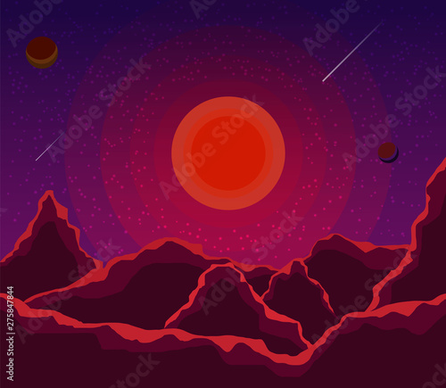 Landscape with sunset, planets and starry sky. Space landscape  in shades violet, purple. Nature background. eps10