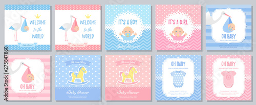 Baby Shower invitation. Vector. Baby boy girl invite card. Welcome template banner. Blue, pink design. Birth party background. Set greeting posters with newborn kid, stork, horse. Cartoon illustration