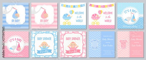 Baby Shower card. Vector. Baby boy girl invitation. Welcome invite template banner. Blue, pink design. Birth party background. Set greeting posters with newborn kid, stork, pram. Cartoon illustration