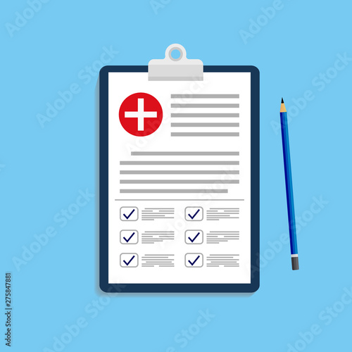 Clinical record, prescription, medical checkup report, health insurance concepts. Clipboard with checklist and medical cross pen in mockup style for website or mobile apps design. eps10