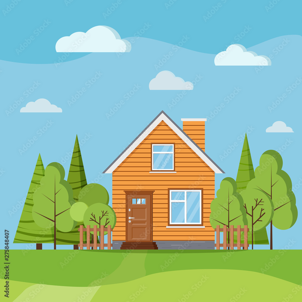 Summer or spring landscape nature scene background with country rural farm house with chimney, fences, green trees, spruces, clouds, fields, road. Cartoon flat style vector banner illustration.