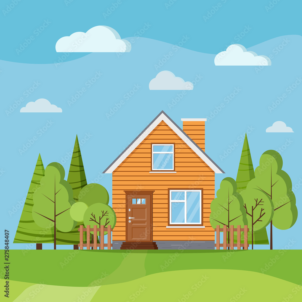 Summer or spring landscape nature scene background with country rural farm house with chimney, fences, green trees, spruces, clouds, fields, road. Cartoon flat style vector banner illustration. Summer or spring landscape nature scene background with country rural farm house with chimney, fences, green trees, spruces, clouds, fields, road. Cartoon flat style vector banner illustration.