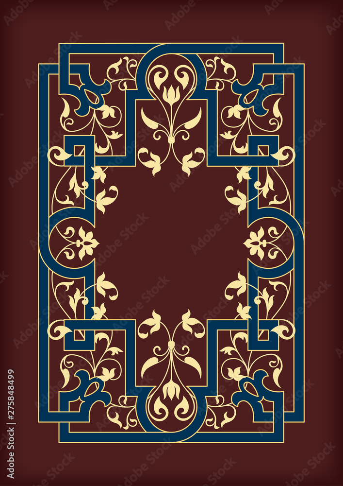 Rectangular ornate framework. Dark red, blue and golden colors. Floral elements. Book cover or icon case design. A4 page proportions. ¬¬