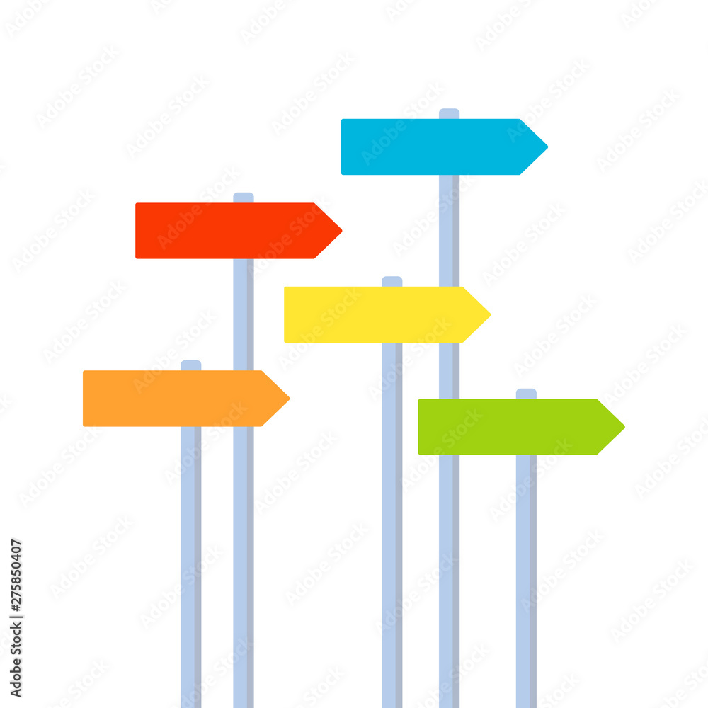Multicolor sign directional pointer. Navigation arrow. Choosing path, destination, goal, getting results. Vector illustration on white background Multicolor sign directional pointer. Navigation arrow. Choosing path, destination, goal, getting results. Vector illustration on white background