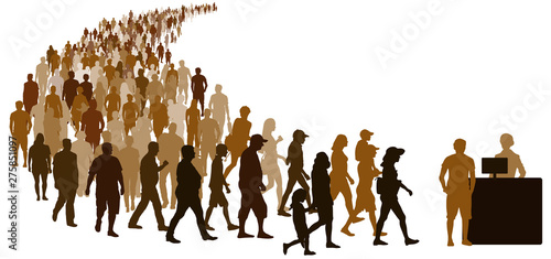 Crowd of people go to register. Reception girl with computer at the counter. Isolated vector silhouette on white background