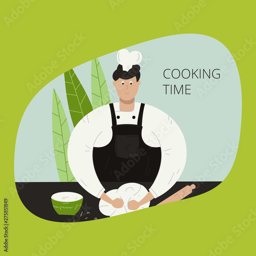 Cooking time. Chef kneads the dough. Concept illustration of the restaurant business. Illustration is perfect for cooking blog, cookbook and magazines.