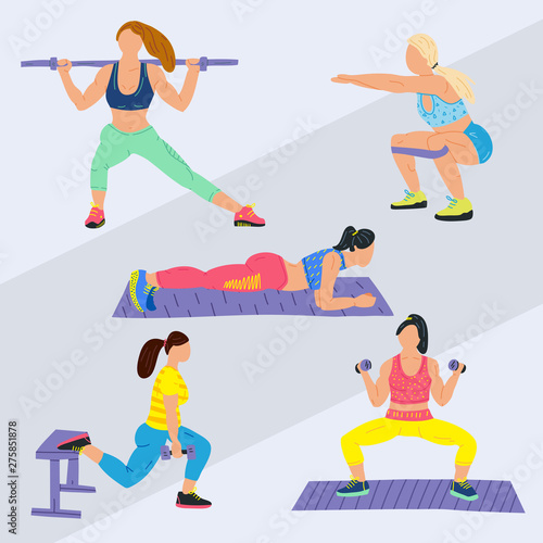 Workout, training hand drawn flat illustration set. People in sportswear doing exercises cartoon characters. Healthy lifestyle vector color drawing pack.