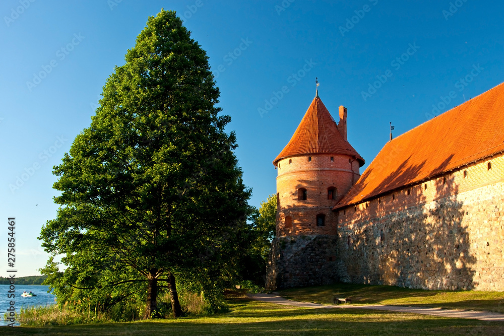 Part of the brick wall with tower in Trakai castle, Lithuania