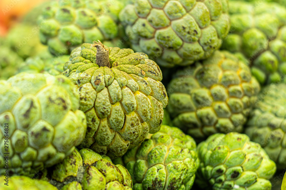 Obraz premium Close view of several Pinhia fruit. Fresh fruit from the northeast of brazil. green on the outside and white on the inside.