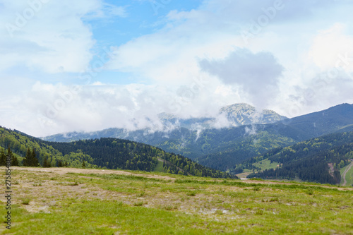 Outdoor pictire of mountain gorgeous landscape, having atmospheric view, perfect place for active leisure time, fresh air, total silence, many evergreen trees around. Nature and conservation concept.
