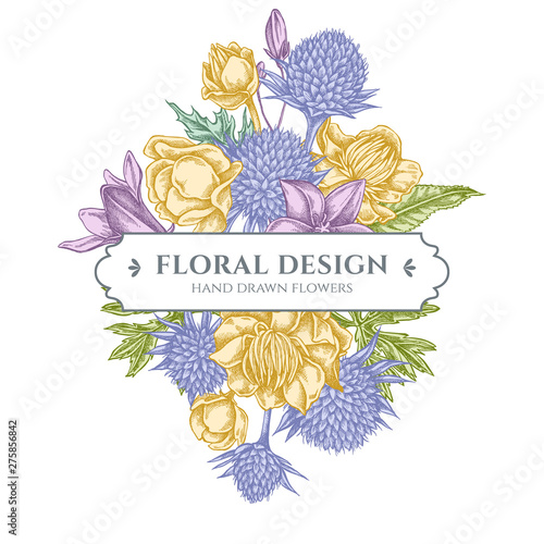 Floral bouquet design with pastel bellflower, globethistle, globeflower