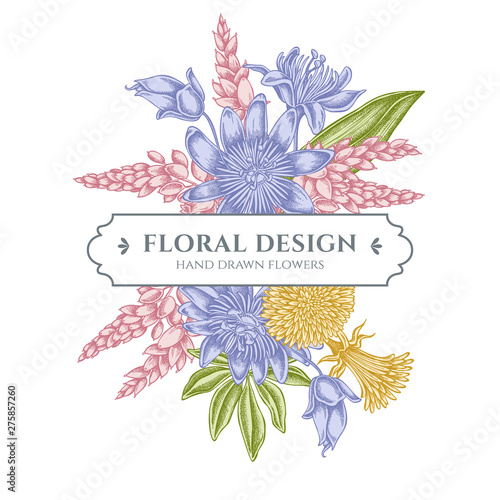 Floral bouquet design with pastel dandelion, ginger, passion flower