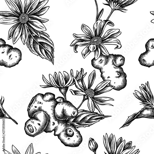 Seamless pattern with black and white jerusalem artichoke