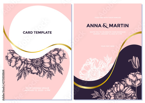 Wedding invitation card with pink poppy flower