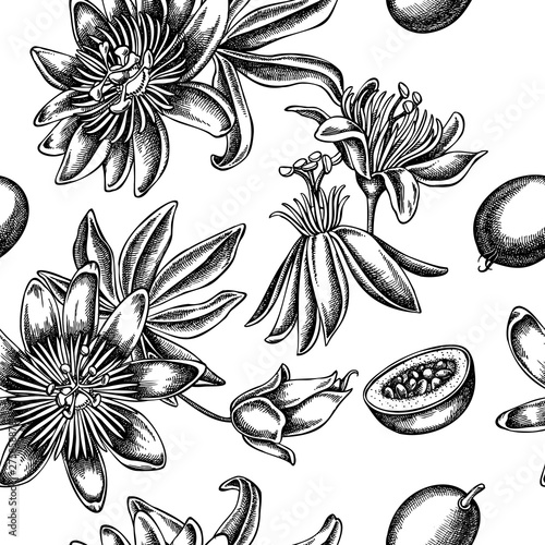 Seamless pattern with black and white passion flower