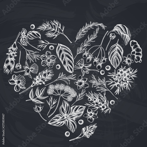 Heart floral design with chalk angelica, basil, juniper, hypericum, rosemary, turmeric