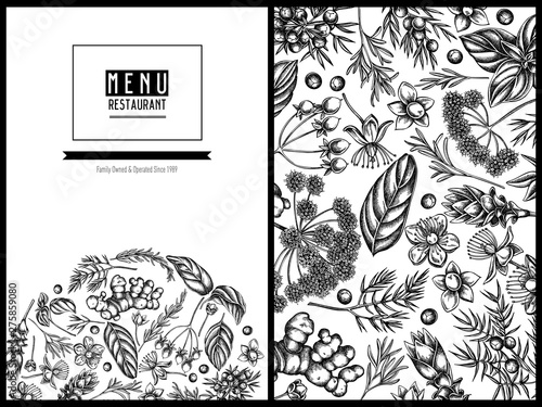 Menu cover floral design with black and white angelica, basil, juniper, hypericum, rosemary, turmeric