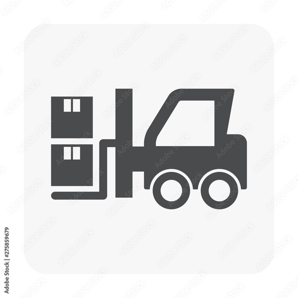 Forklift vector icon. May called fork truck or lift truck. Elevator machine equipment or vehicle for heavy industrial work at storage, port, warehouse and factory by lift up, raise and delivery cargo. Forklift vector icon. May called fork truck or lift truck. Elevator machine equipment or vehicle for heavy industrial work at storage, port, warehouse and factory by lift up, raise and delivery cargo.
