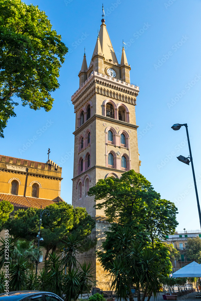 Clock tower of Messina Cathedral (Italian: Duomo di Messina) in Messina city, Sicily, Italy. Clock tower has the largest astronomical clock in the world