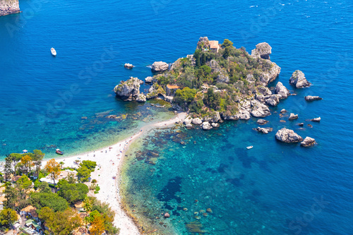 Wall Mural Aerial view of Isola Bella island and beach in Taormina, Sicily, Italy