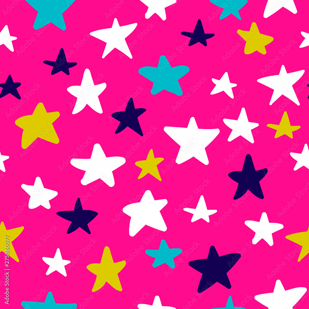 Seamless pattern with hand drawn stars on pink background. Sky background. Vector illustration. Seamless pattern with hand drawn stars on pink background. Sky background. Vector illustration.