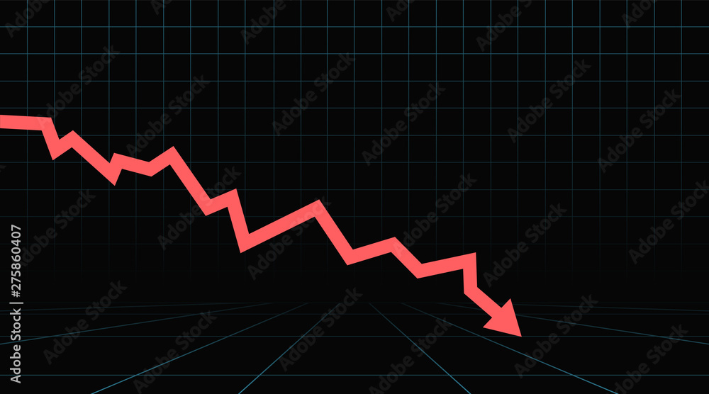Arrow pointing downwards showing crisis. Stock or financial market crash with red arrow on a black background.