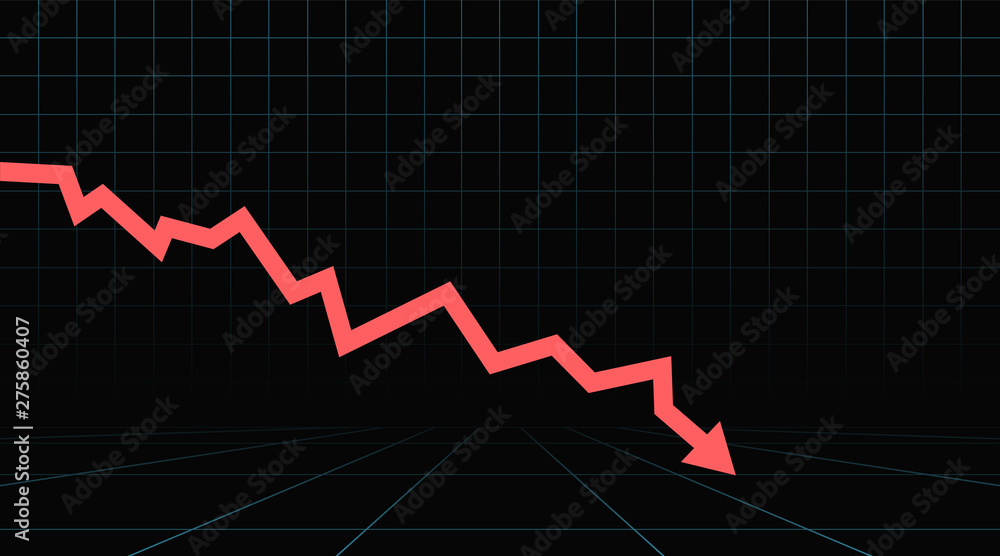 Arrow pointing downwards showing crisis. Stock or financial market crash with red arrow on a black background. Arrow pointing downwards showing crisis. Stock or financial market crash with red arrow on a black background.