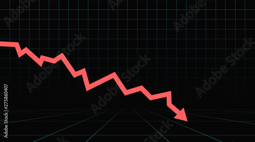 Arrow pointing downwards showing crisis. Stock or financial market crash with red arrow on a black background.