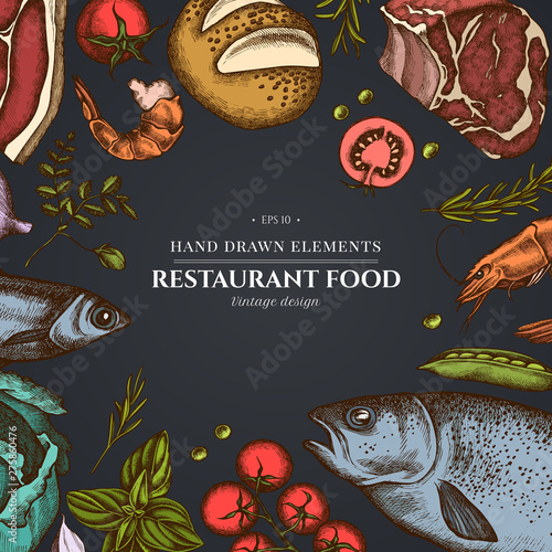 Floral design on dark background with garlic, cherry tomatoes, peas, fish, shrimp, cabbage, beef, buns and bread, croissants and bread, basil, rosemary