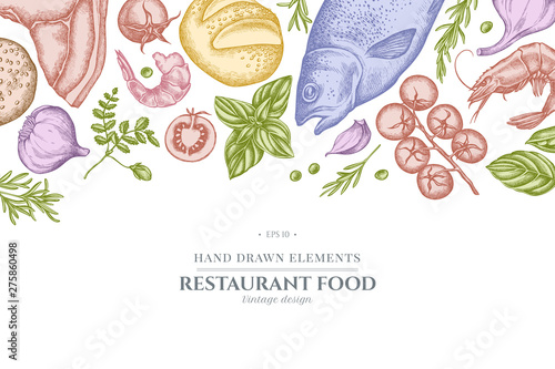 Floral design with pastel garlic, cherry tomatoes, peas, fish, shrimp, cabbage, beef, buns and bread, croissants and bread, basil, rosemary