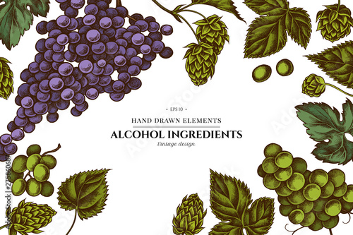 Floral design with colored grapes, hop