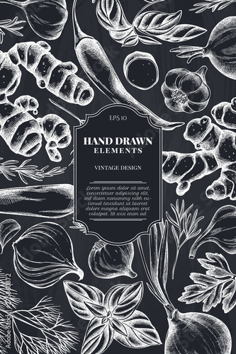 Card design with chalk onion, garlic, pepper, greenery, ginger, basil, rosemary