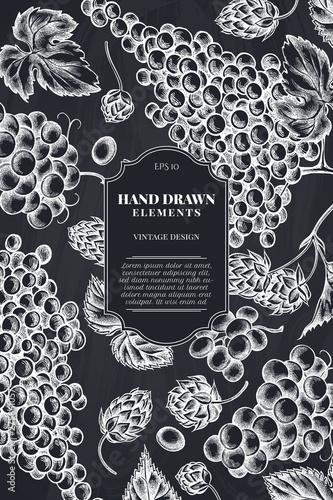 Card design with chalk grapes, hop