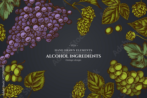 Floral design on dark background with grapes, hop