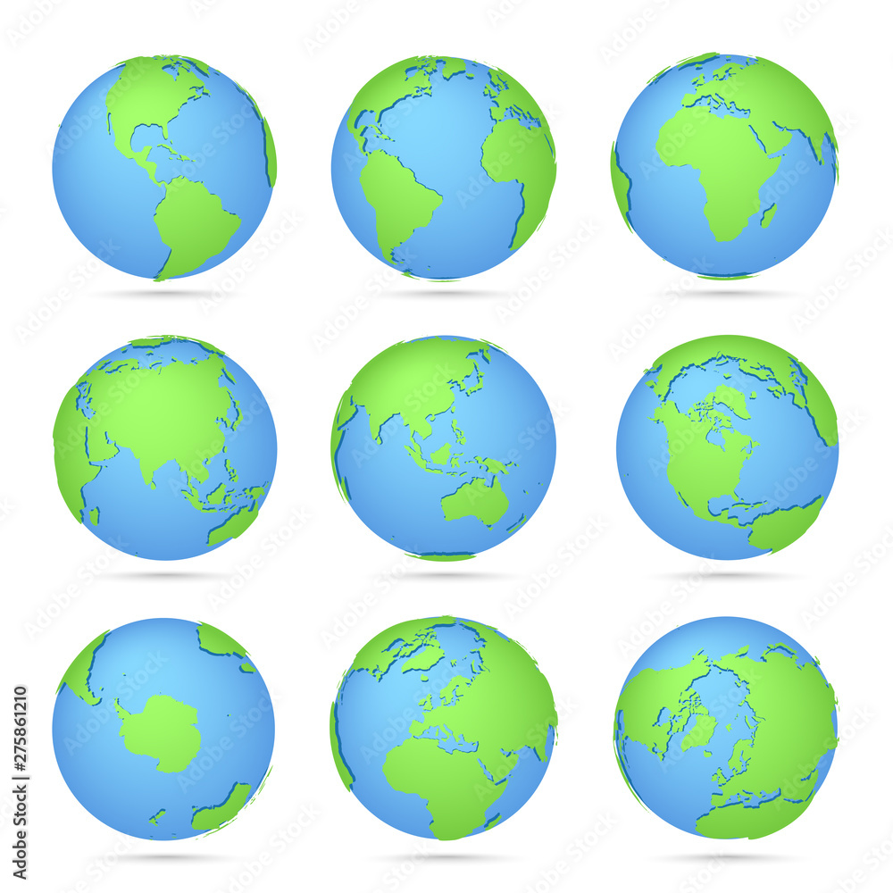 Globes icon collection. World map. Planet with continents