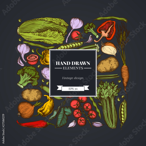 Square floral design on dark background with onion, garlic, pepper, broccoli, radish, green beans, potatoes, cherry tomatoes, peas, celery, beet, greenery, chinese cabbage, cabbage, carrot