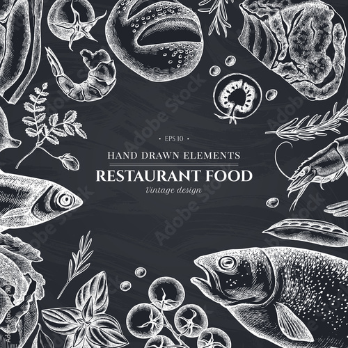 Floral design with chalk garlic, cherry tomatoes, peas, fish, shrimp, cabbage, beef, buns and bread, croissants and bread, basil, rosemary