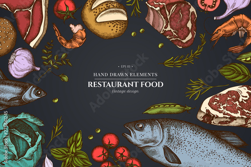 Floral design on dark background with garlic, cherry tomatoes, peas, fish, shrimp, cabbage, beef, buns and bread, croissants and bread, basil, rosemary
