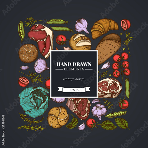 Square floral design on dark background with garlic, cherry tomatoes, peas, fish, shrimp, cabbage, beef, buns and bread, croissants and bread, basil, rosemary