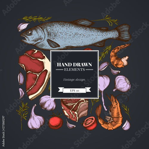 Square floral design on dark background with garlic, cherry tomatoes, fish, shrimp, beef, rosemary