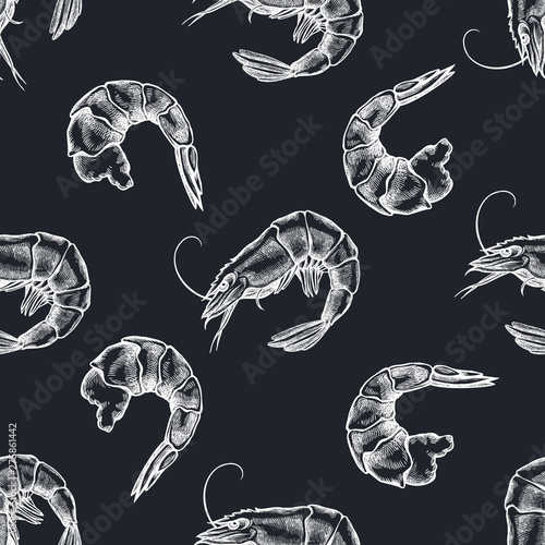 Seamless pattern with hand drawn chalk shrimp