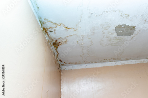 Water leak on white ceiling, insurance accident because of neglect disorderly careless neighbours