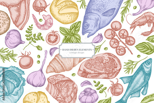 Floral design with pastel garlic, cherry tomatoes, peas, fish, shrimp, cabbage, beef, buns and bread, croissants and bread, basil, rosemary