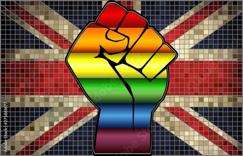 Shiny LGBT Protest Fist on a United Kingdom Flag - Illustration,  Abstract Mosaic United Kingdom and Gay flags
